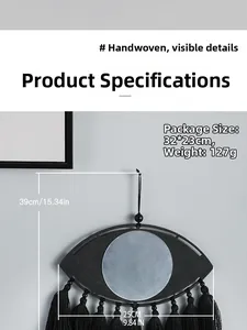 Détail du miroir mural bohème œil avec dimensions de 39cm de hauteur et 25cm de largeur