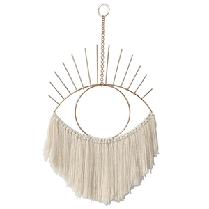 Bohemian Evil Eye wall hanging with gold metal frame and white cotton tassels