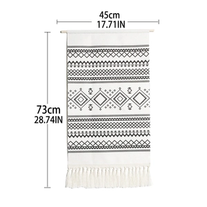 Bohemian hand-woven wall tapestry with geometric prints, fringe decor, and dimensions shown