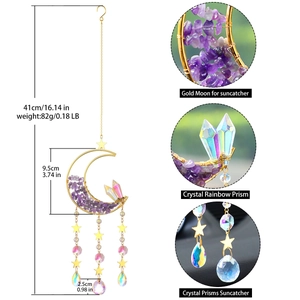Golden moon suncatcher with purple amethyst crystals and colorful prism ball hanger