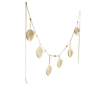 Bohemian handmade cotton wall hanging with six leaf tassels and natural wooden beads