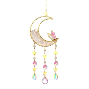 Golden crescent moon suncatcher with amethyst stones and sparkling crystal prisms
