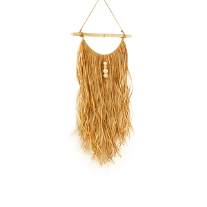 Bohemian wall hanging with handmade raffia fringe and natural wooden beads decor