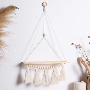 Bohemian handmade wood shelf with woven cotton tassels for wall hanging home decor