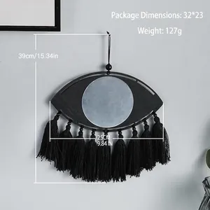Miroir mural œil protecteur bohème en bois avec franges en coton noir, 39x25cm