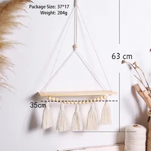 Handwoven Bohemian wall hanging shelf with wood board and tassels for home decor