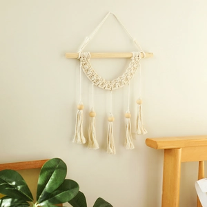 Handmade Bohemian Macrame Wall Hanging Cotton Rope Tapestry With Wooden Beads Tassel Fringe Home Decor Wall Art Ornament