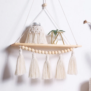 Boho handmade macrame wall hanging shelf with wood board and cotton rope tassels