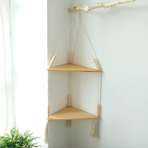 Bohemian Hand Woven Double Layer Triangle Wood Wall Hanging Shelf With Cotton Rope Tassels Beads Corner Decorative Rack