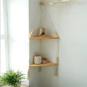 Bohemian handmade woven double-tier triangle wooden wall shelf with cotton tassels