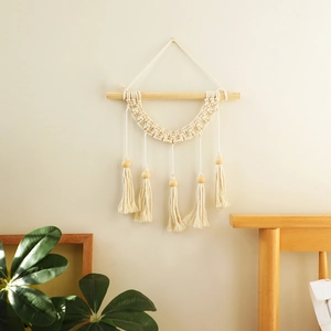 Handmade bohemian cotton wall hanging decor with wooden beads and tassels for bedroom