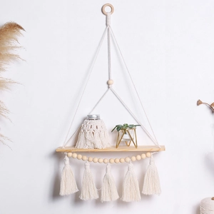 Boho Macrame Wall Hanging Plant Shelf Handmade Woven Wood Floating Shelf With Tassels Wood Beads For Home Decor Bedroom Living Room