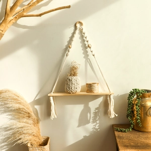 Boho Hand Woven Macrame Wall Hanging Shelf Wooden Bead Tassel Floating Shelf Home Decor Living Room Wall Ornament
