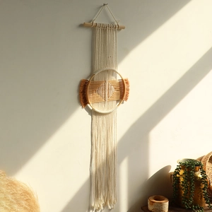 Bohemian Handmade Macrame Wall Hanging Tapestry With Wooden Rod Cotton Rope Tassels For Home Living Room Bedroom Decor