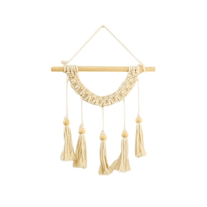 Handwoven bohemian macrame wall hanging with cotton rope tassels and natural wood beads