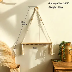 Bohemian handmade woven macrame wall shelf with wooden beads and hanging tassels