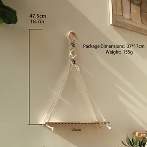 Bohemian handmade macrame wall hanging shelf with blue evil eye beads and wood board