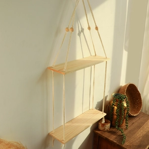 Handmade bohemian double wooden floating shelf with woven cotton rope and wood beads