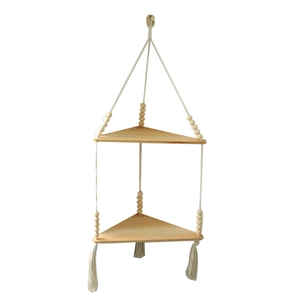 Bohemian double-tier triangle wooden corner shelf with white macrame ropes and tassels