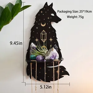 Wolf head wooden wall shelf with gold moon moon and stars for crystals and decor