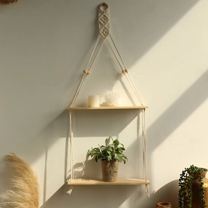 Double Layer Macrame Wall Hanging Shelf Natural Wood Floating Shelves Cotton Rope Hand Woven Boho Decor Living Room Bedroom