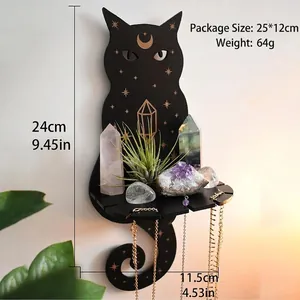 Cat shaped wall shelf with moon and star patterns for crystals and jewelry, 24cm height