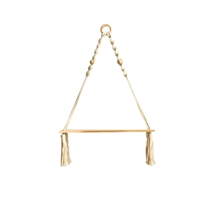 Boho woven macrame wall hanging shelf with wood beads and decorative cotton tassels
