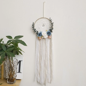 Bohemian dream catcher wall hanging with faux roses, eucalyptus leaves and cotton tassels