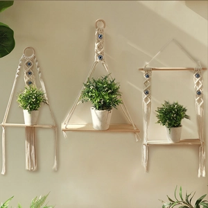 Bohemian Macrame Wall Hanging Shelf Cotton Rope Wood Board Plant Holder With Evil Eye Beads Ethnic Boho Tassel Home Decor