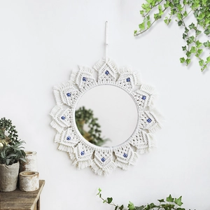 Bohemian Evil Eye Macrame Wall Hanging Mirror Handmade Cotton Rope Woven Round Mirror For Bedroom Home Decor Boho Style