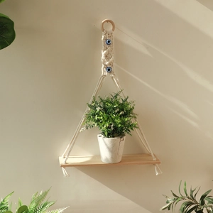 Bohemian Hand-woven Macrame Wall Hanging Wooden Shelf Cotton Rope Evil Eye Planter Rack Floating Storage Decorative Home Decor