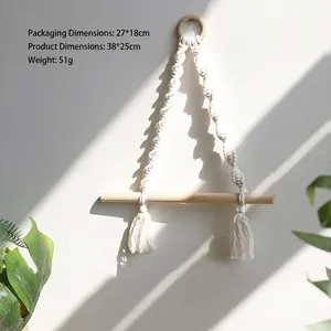Bohemian woven cotton wall hanging with wooden ring and fringe tassel home decor