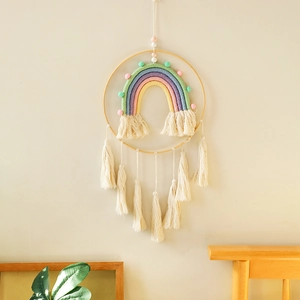Handmade Bohemian rainbow macrame wall hanging with colorful tassels and wooden beads
