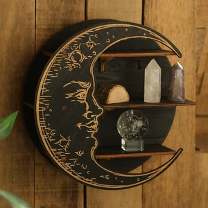 Moon Phase Wall Shelf Wooden Floating Shelves Three Tier Display Rack Mystic Bohemian Home Decor Moon Face Engraved Hanging Storage Organizer