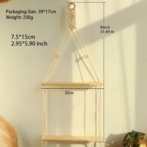 Handwoven 2-tier Bohemian floating shelf with cotton rope and wood for wall decor