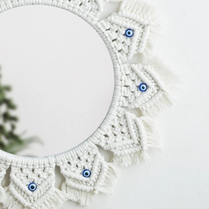 Bohemian evil eye woven wall mirror with macrame fringe petals for home decoration
