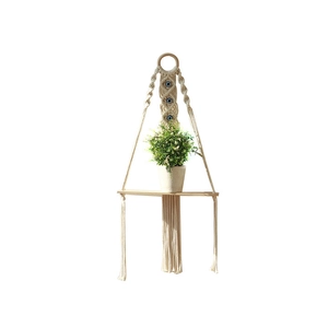 Bohemian macrame wall hanging shelf with handmade evil eye beads and natural wood base