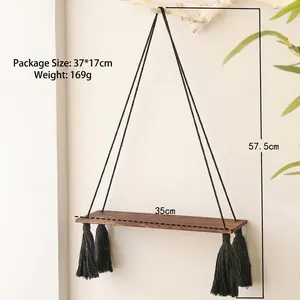 Bohemian wall hanging wooden shelf with black rope tassels for home decor storage