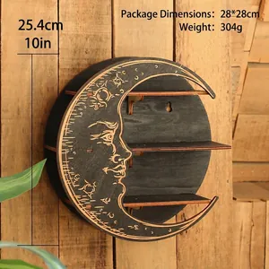 Minimalist moon shaped wooden wall shelf in black finish with celestial face design