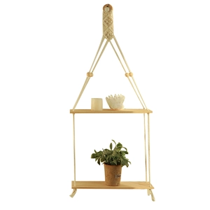 Bohemian double-tier macrame hanging shelf with natural wood planks and beads