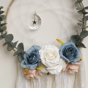 Bohemian dream catcher with blue roses, white lace ribbons and silver moon pendant