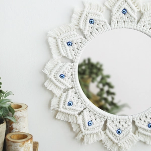 Bohemian evil eye handmade woven wall mirror with cotton tassels for home decor