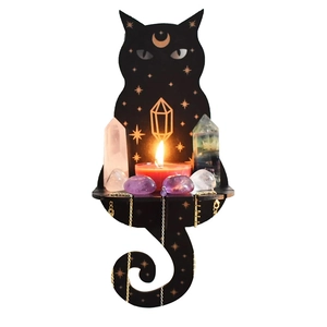 Black cat shaped wooden altar stand with crystals and candle for mystical home decor