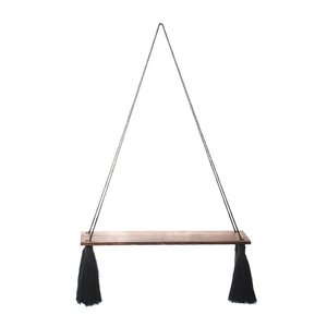 Bohemian hanging wooden shelf with black tassels and dark brown wood board for home decor
