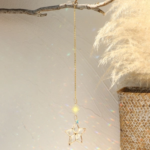 Metal Crystal Star Sun Suncatcher Hanging Ornament Gold Color Geometric Rainbow Light Catcher For Home Window Wall Decor