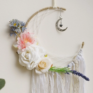 Bohemian moon dream catcher with floral decor and white lace tassels for wall hanging