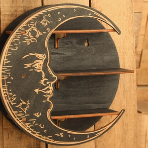 Moon shaped wooden wall shelf with 3 tiers and rustic black finish for home decor
