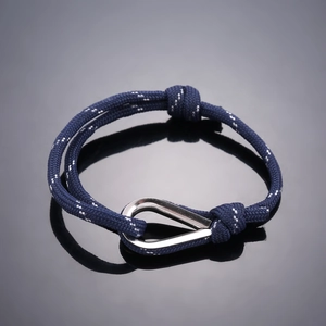 Navy blue woven rope bracelet with polished silver horseshoe buckle for men and women
