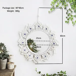 Bohemian evil eye woven wall mirror with white cotton fringe for home wall decoration