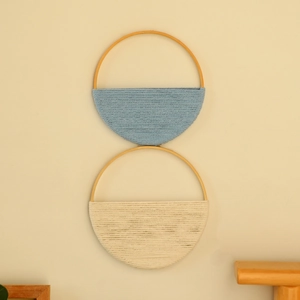 Détails de décoration murale bohème faite main avec corde en coton tissé sur anneaux en bambou